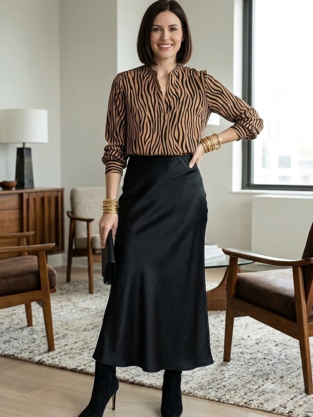 Womens Tan and Black Zebra-Print V-Neck Blouse